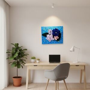 Hand Crafted boho wall decor crochet flowers on canvas 3-D textile art handmade